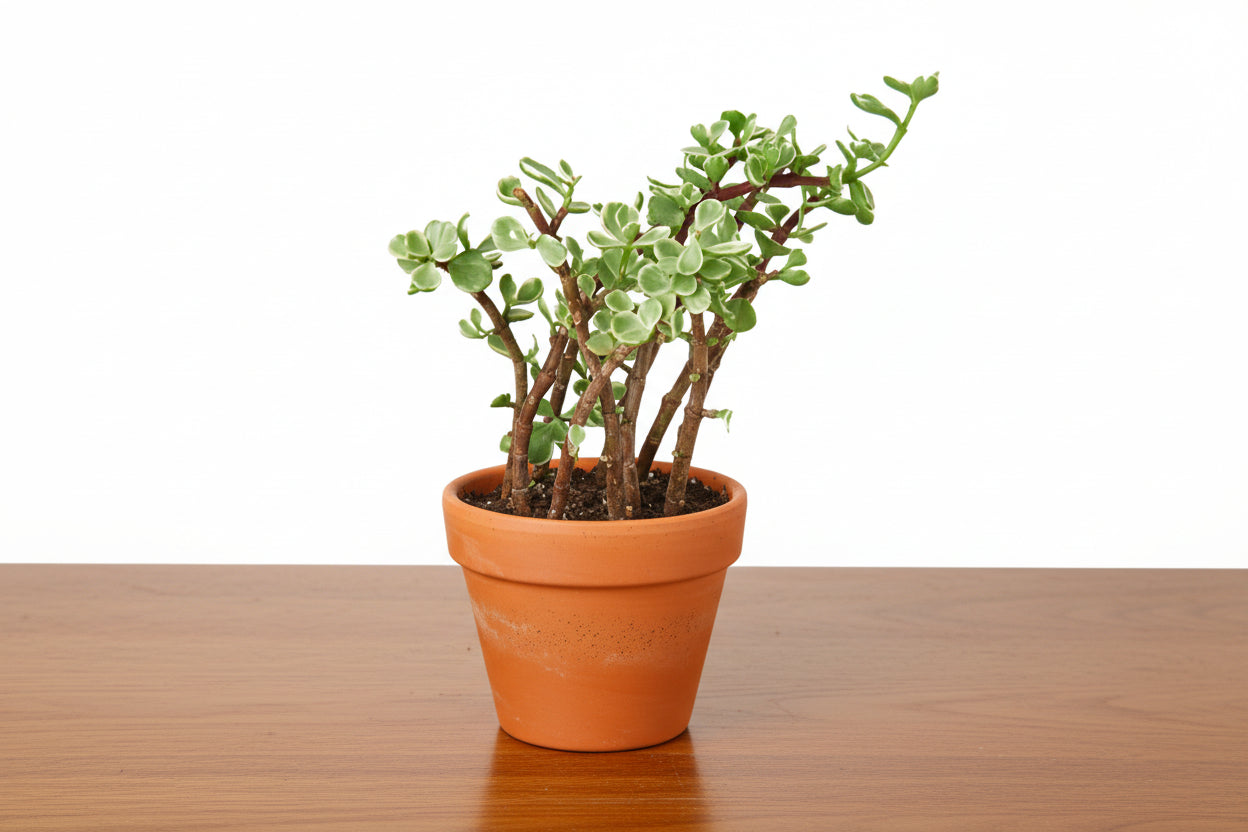 Rainbow Elephant Bush succulent in a terracotta pot with green and white variegated leaves and reddish-brown stems.