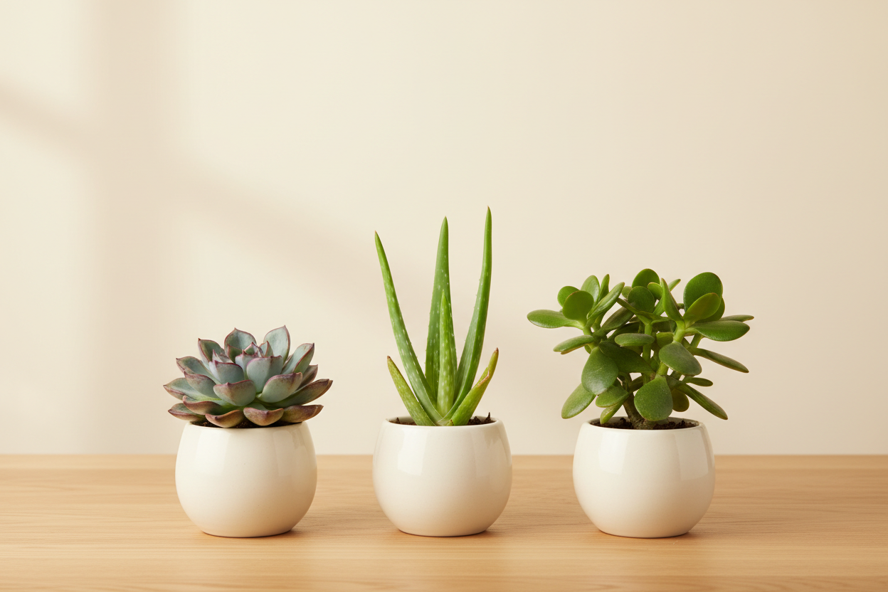 Three small potted succulents and an aloe vera plant in round white ceramic pots, arranged on a light wood surface against a warm beige background.