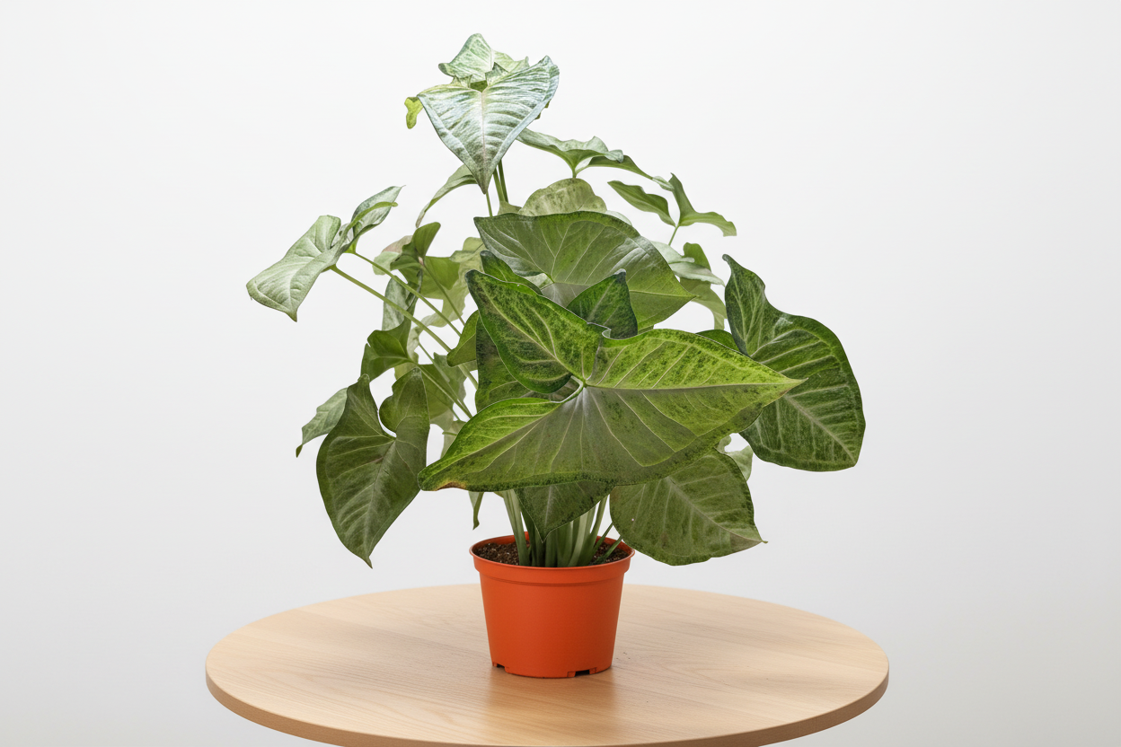 Syngonium 'Confetti' plant in an orange pot on a light wood table, featuring arrow-shaped green leaves.