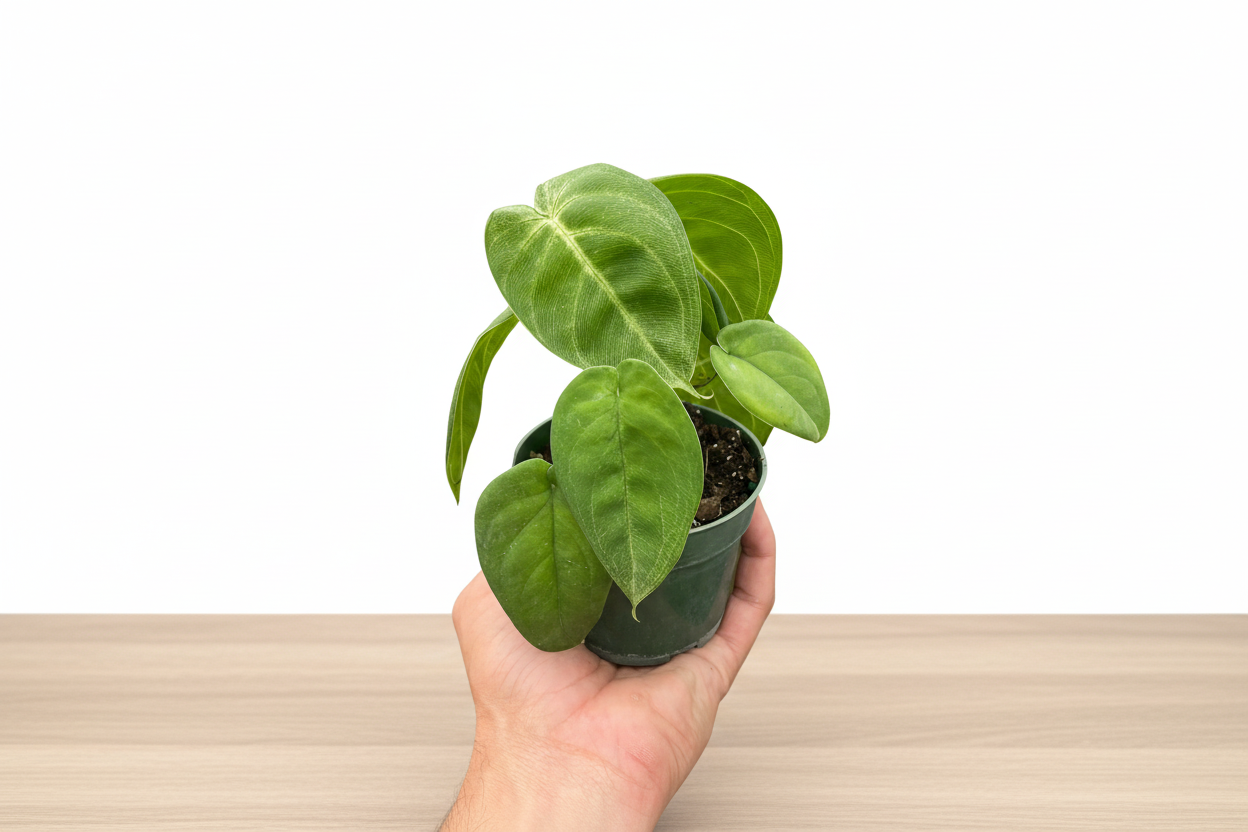Hand holding a small Syngonium 'Ice Frost' plant with thick, frosted green leaves in a dark pot.