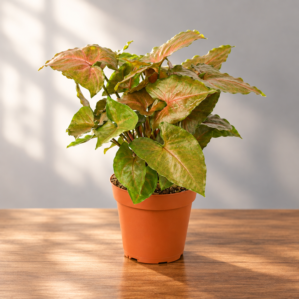 Syngonium ‘Merry’ plant with dark green-red heart-shaped leaves in a brown pot on a brown wooden surface with grey background 