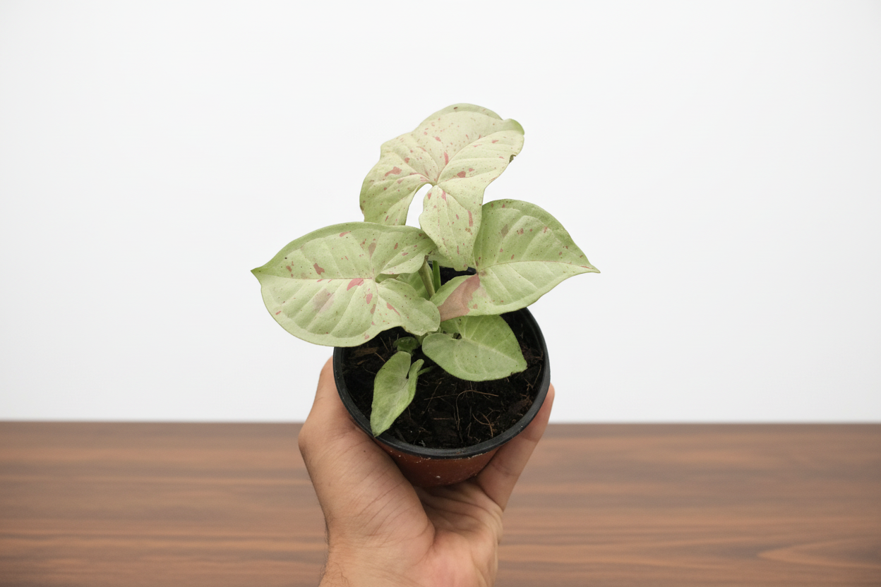 Hand holding a small Syngonium 'Milk Confetti' plant with light green and pink variegated leaves in a pot.