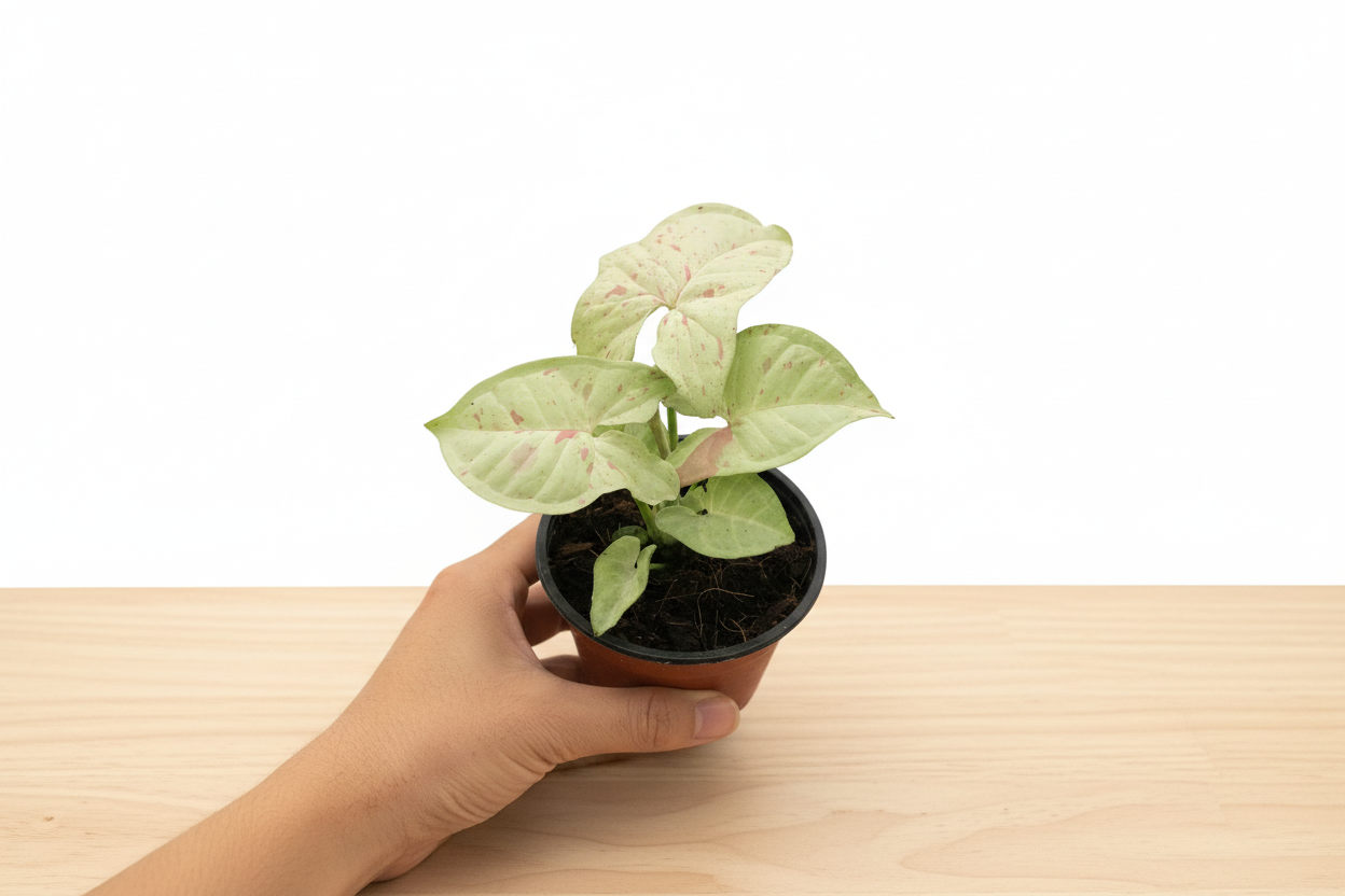 Hand holding a small Syngonium 'Milk Confetti' plant with light green and pink variegated leaves in a brown pot.