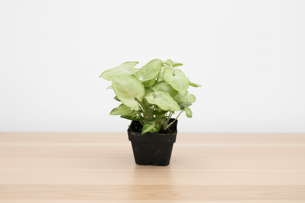 Hand holding a small potted plant with green leaves on a white background