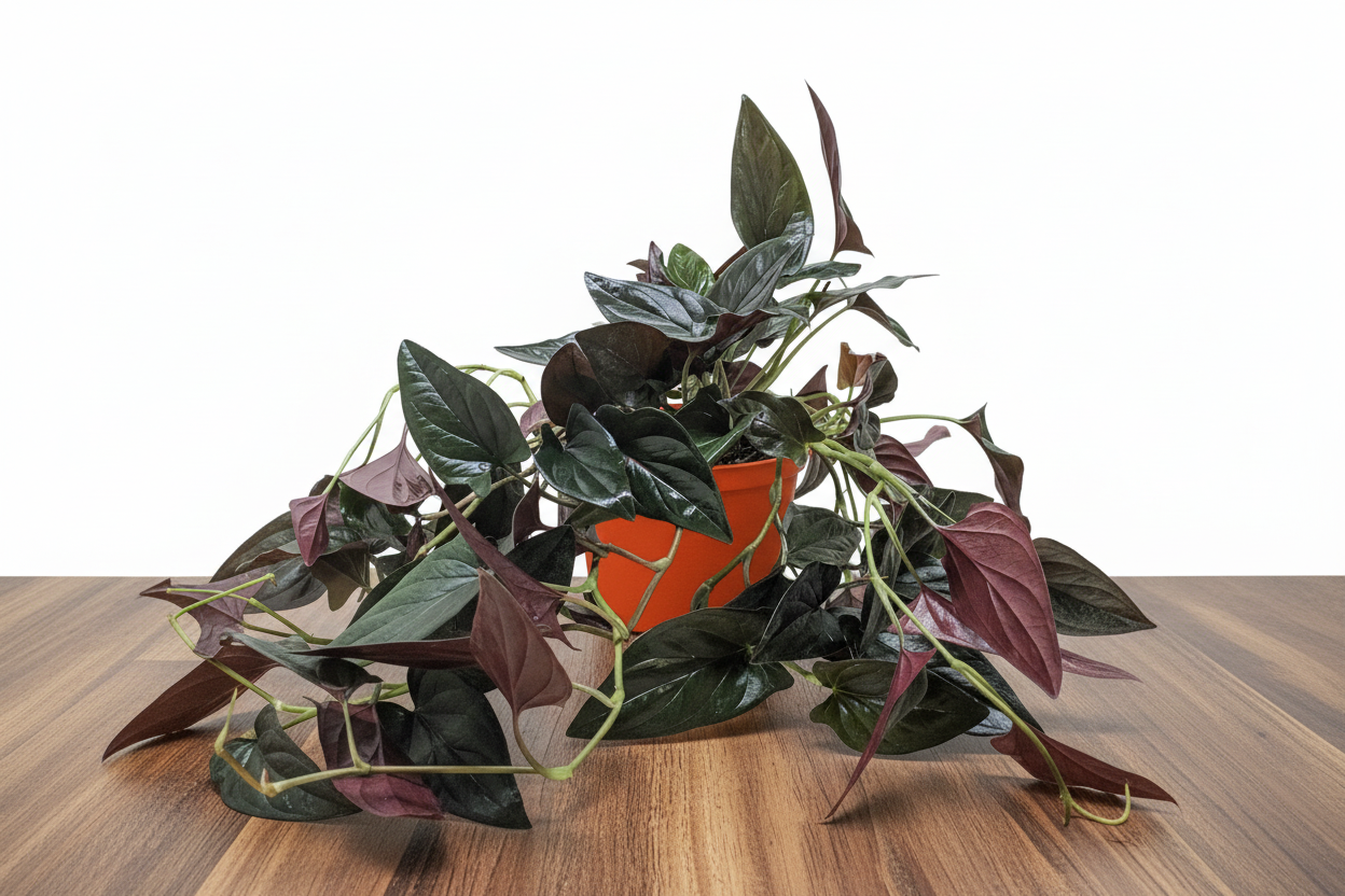 Syngonium 'Red Arrow' houseplant in an orange pot, with dark green and purple arrow-shaped leaves.
