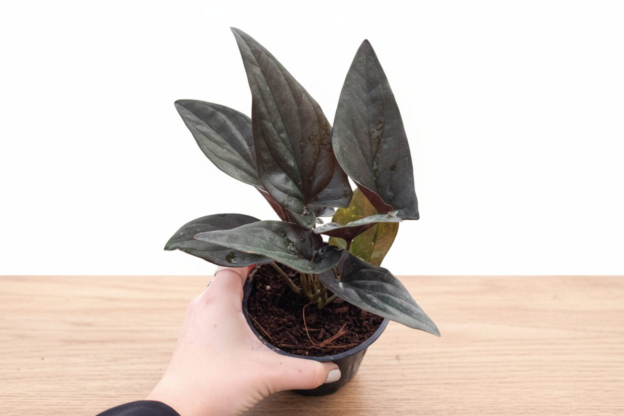 Hand holding a small Syngonium 'Red Arrow' plant with dark green, arrow-shaped leaves and purple undersides.