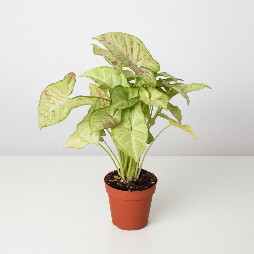 Syngonium 'Confetti' plant with arrow-shaped light green leaves splashed with pink, in a brown pot.