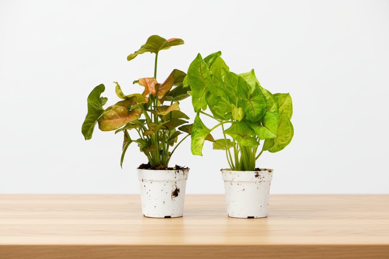 Two potted plants with green leaves on a white background