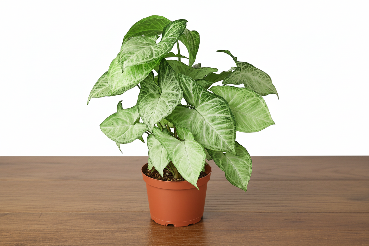 Syngonium White Butterfly plant in a brown pot, featuring heart-shaped, light green and grey leaves.