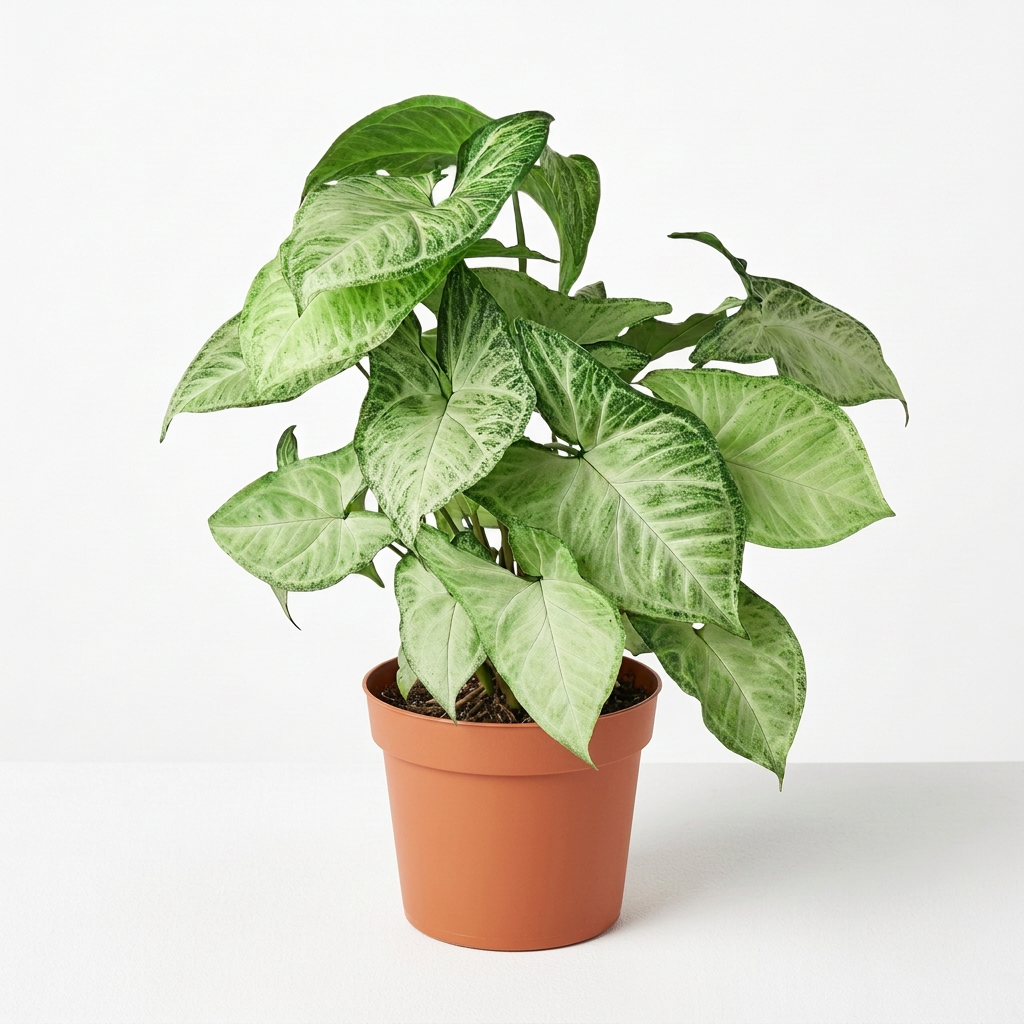A potted easy care syngonium ‘white butterfly’ plant with white leaves with green edges in a brown 6” pot on a white surface against a white background. 