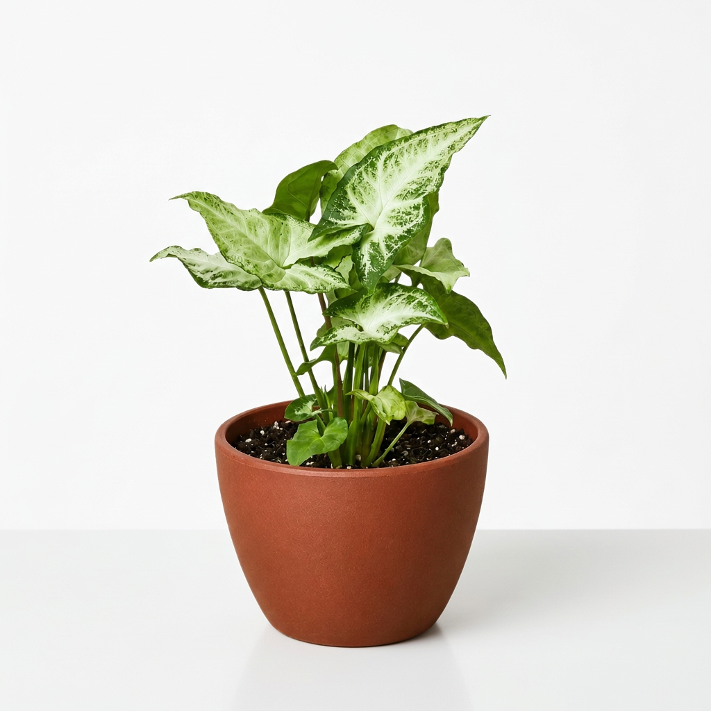 Potted syngonium ‘white butterfly’ plant with white leaves and green edges in a brown terracotta pot on a white background and white surface.