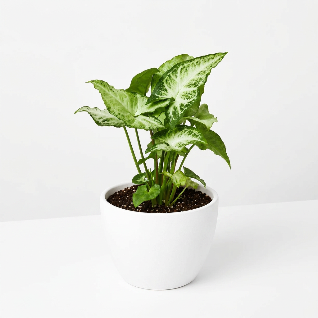 A syngonium white butterfly with green and white vein leaves shaped like an arrowhead in a white eco pot on a white surface and white background.