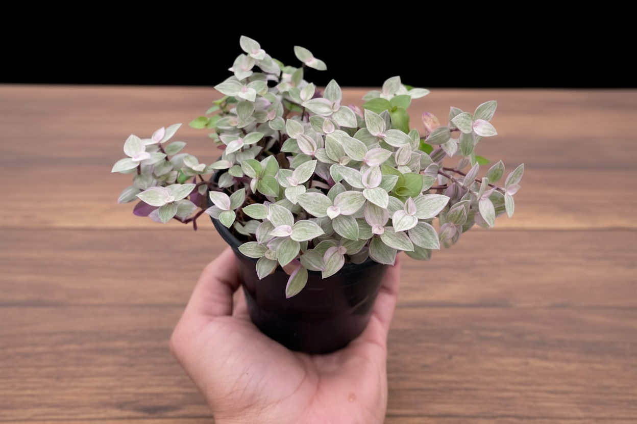 Hand holding a small Tradescantia Callisia 'Pink Panther' plant with pink, green, and cream leaves.