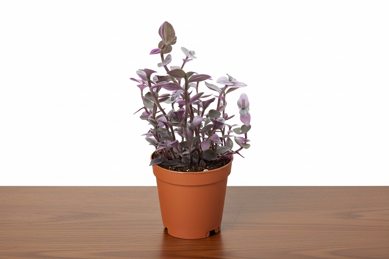 Tradescantia Callisia 'Pink Panther' plant in a brown pot, featuring pink, green, and cream leaves.