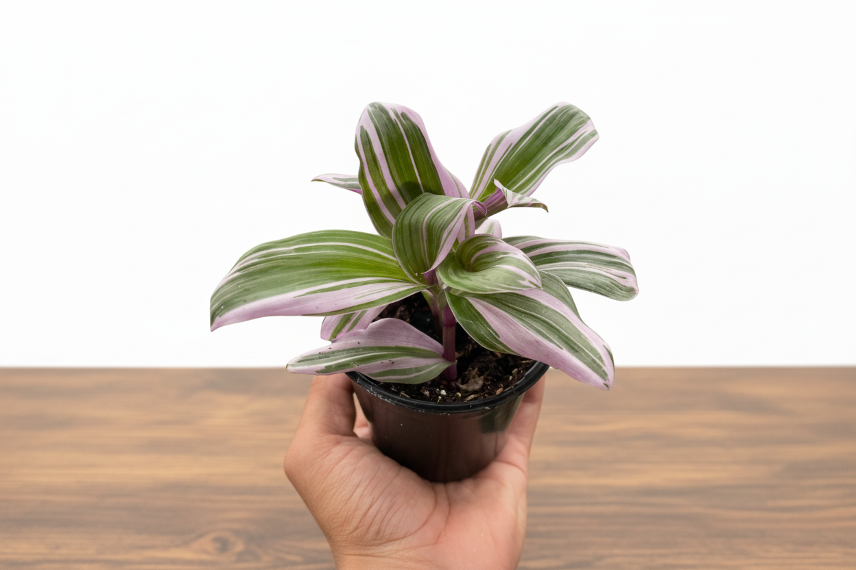 Hand holding a small Tradescantia 'Nanouk' plant with green, pink, and purple variegated leaves.