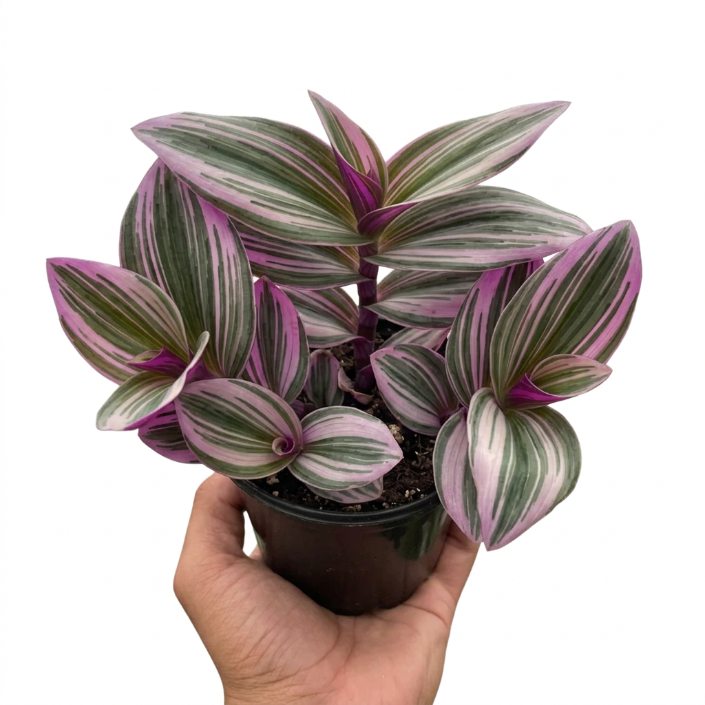 Hand holding a small Tradescantia 'Nanouk' plant with green, pink, and purple variegated leaves.