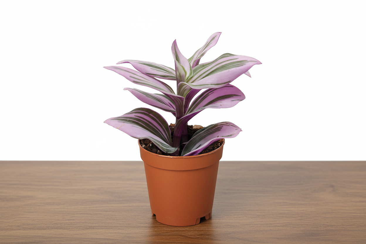 Tradescantia 'Nanouk' plant in a brown pot, showcasing green, pink, and purple variegated leaves.
