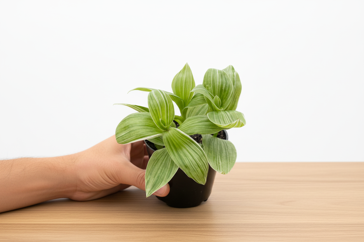 Hand holding a potted plant with a white background