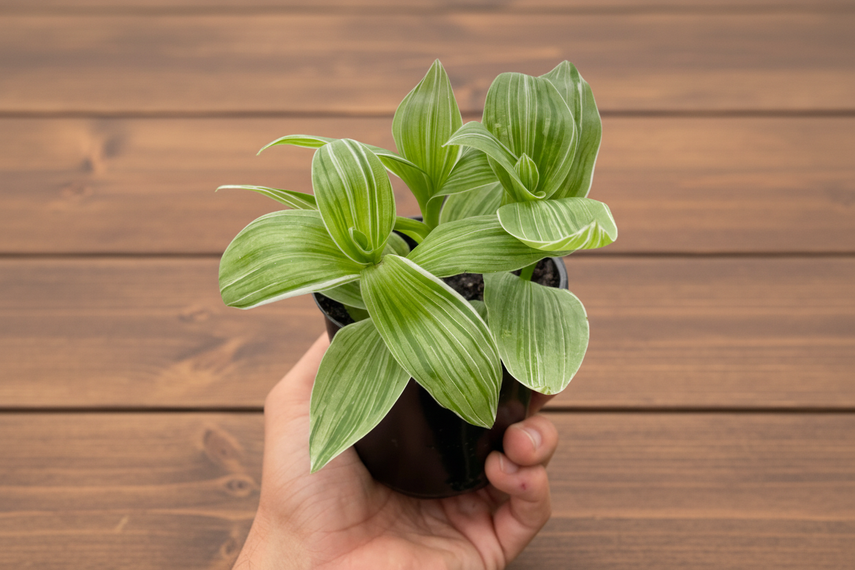 Hand holding a potted plant with green leaves on a white background