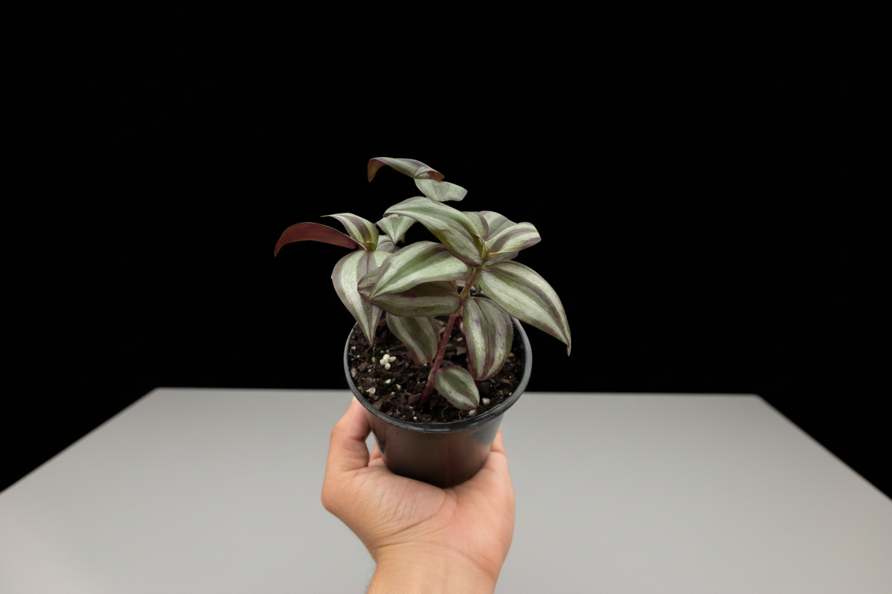 Hand holding a small Tradescantia Zebrina 'Wandering Dude' plant with green, silver, and purple striped leaves.