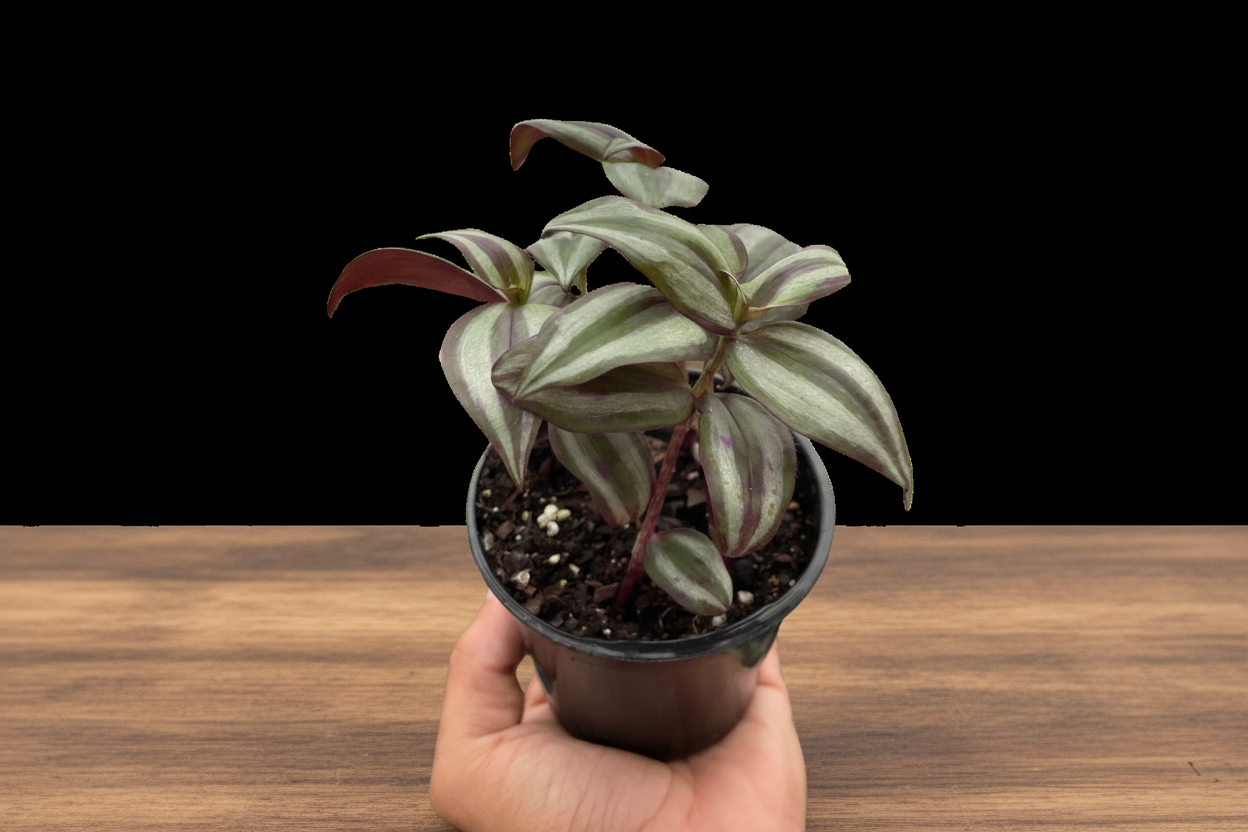 Hand holding a potted Tradescantia Zebrina 'Wandering Dude' with green, purple, and silver-striped leaves.