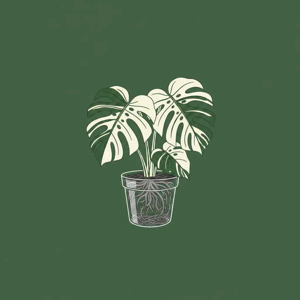 A minimalist line art illustration of a potted Monstera plant on a solid dark green background.