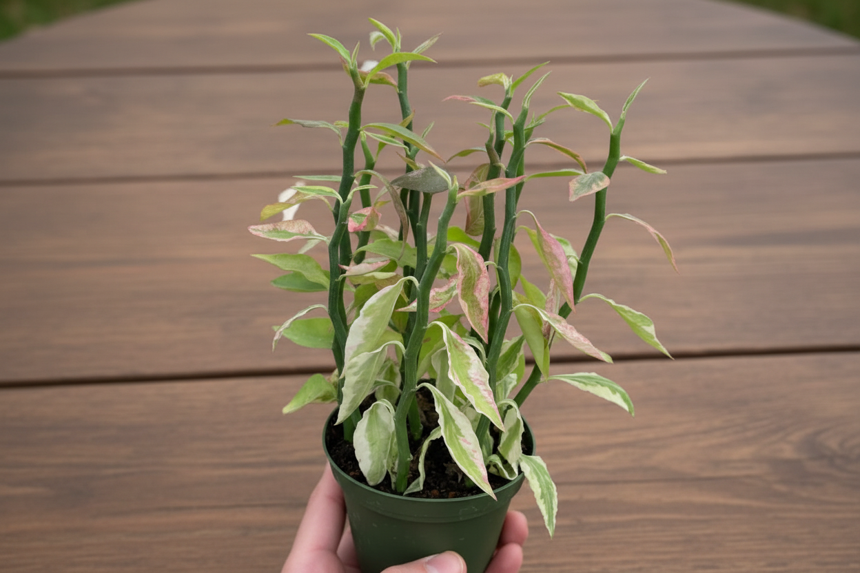 Variegated Devil's Backbone Euphorbia in a green pot, showing zig-zag stems and green, cream, pink leaves.