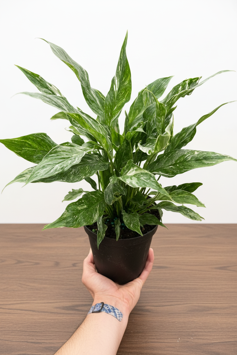 Hand holding a potted Variegated Peace Lily 'Domino' with dark green leaves and creamy white veins.