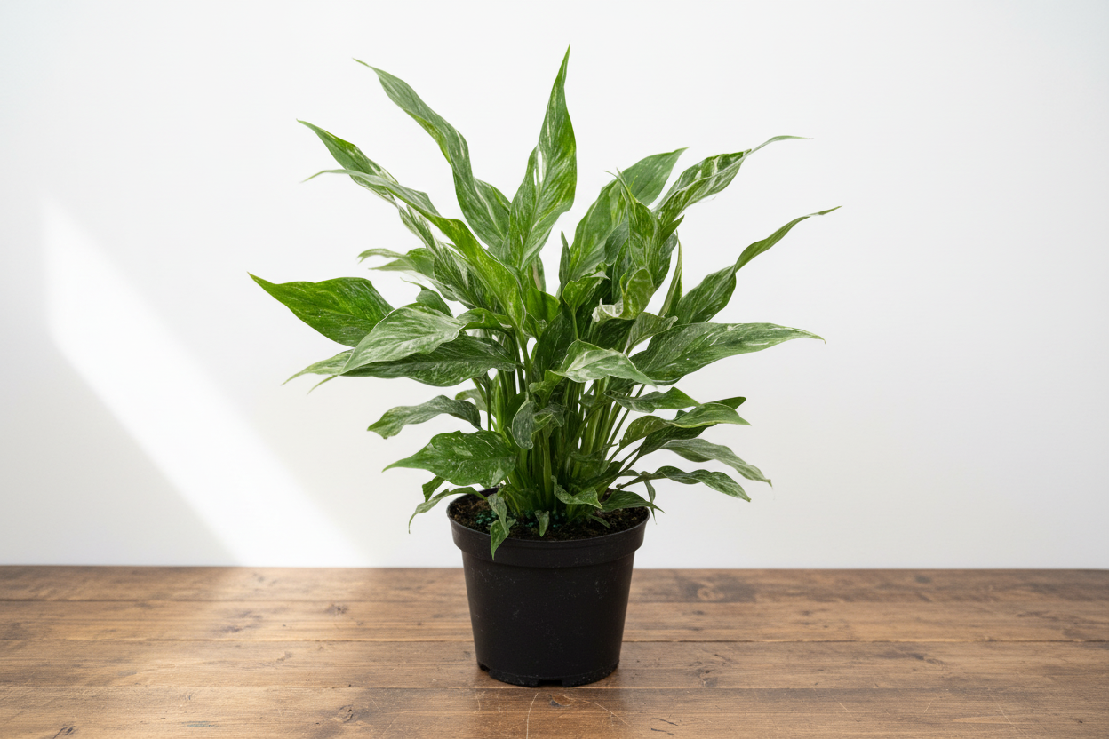 Variegated Peace Lily 'Domino' in a black pot, showcasing dark green leaves with creamy white veins.