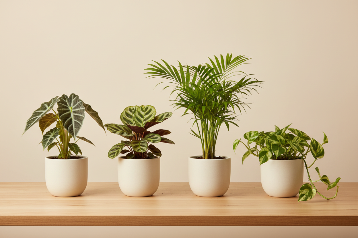 Four potted houseplants arranged on a light wood shelf against a warm beige wall. The plants include a variegated Calathea, a patterned Calathea Ornata, a tall palm, and a trailing green plant, all in matching white ceramic pots.