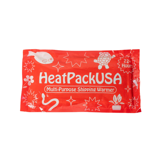 Red "HeatPackUSA Multi-Purpose Shipping Warmer" pack with animal and plant graphics, offering 72+ hours of warmth.