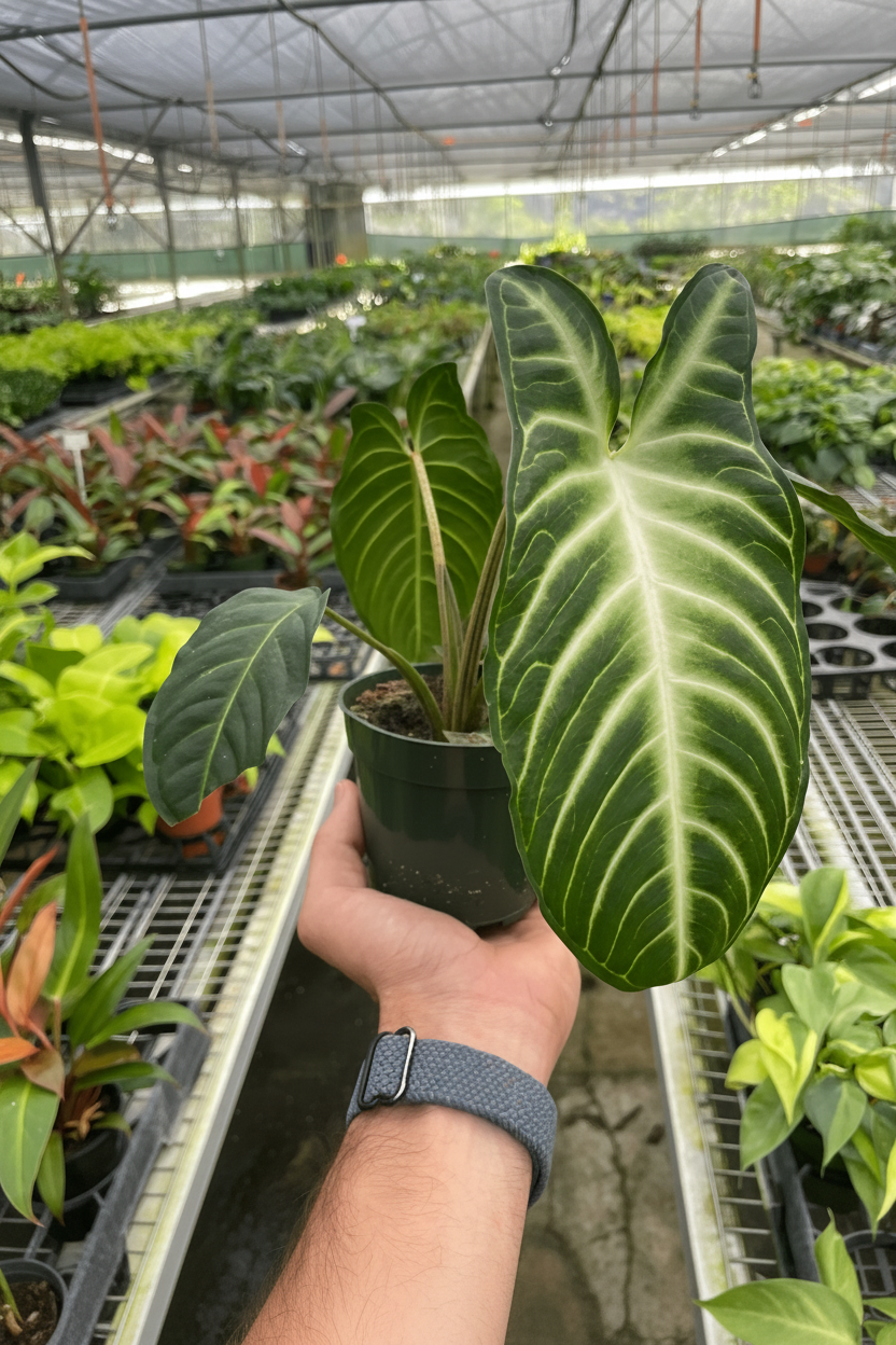 Person holding a potted plant with large green leaves in a greenhouse setting.