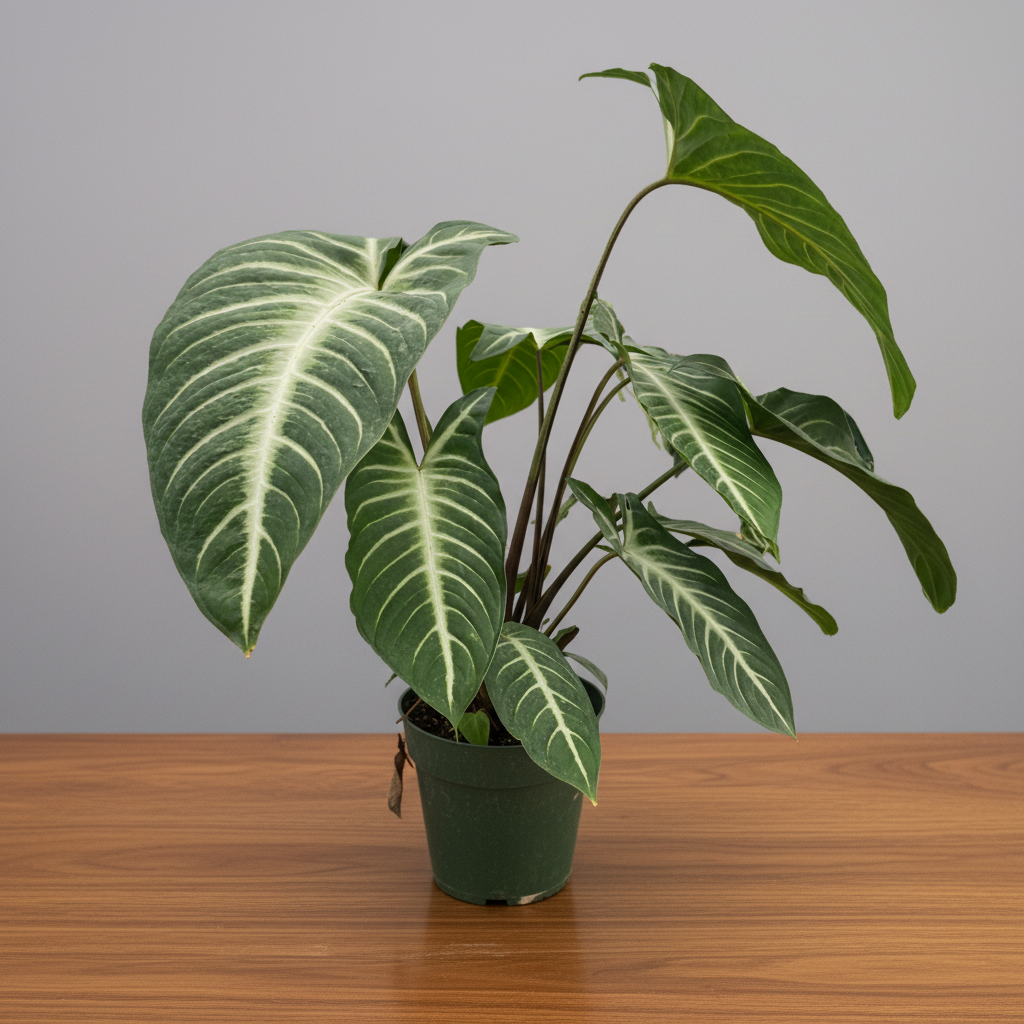 Hand holding a potted plant with large green leaves on a white background