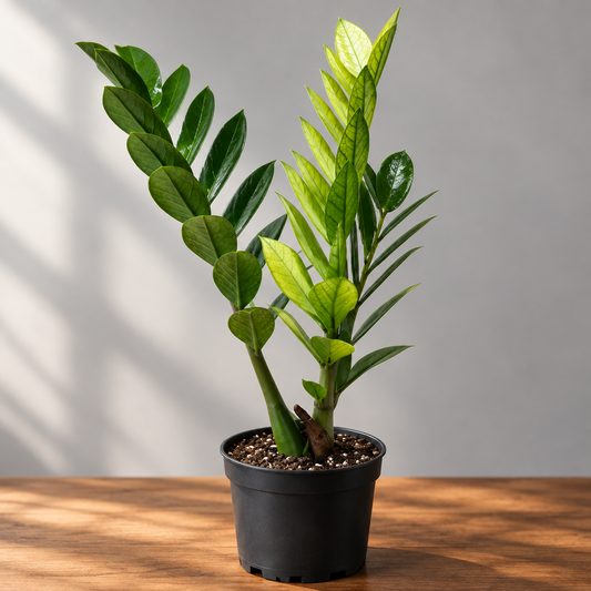 Zamioculcas 'Chameleon' plant in a black nursery pot, with golden-yellow new leaves and deep green mature foliage on brown surface with grey background.
