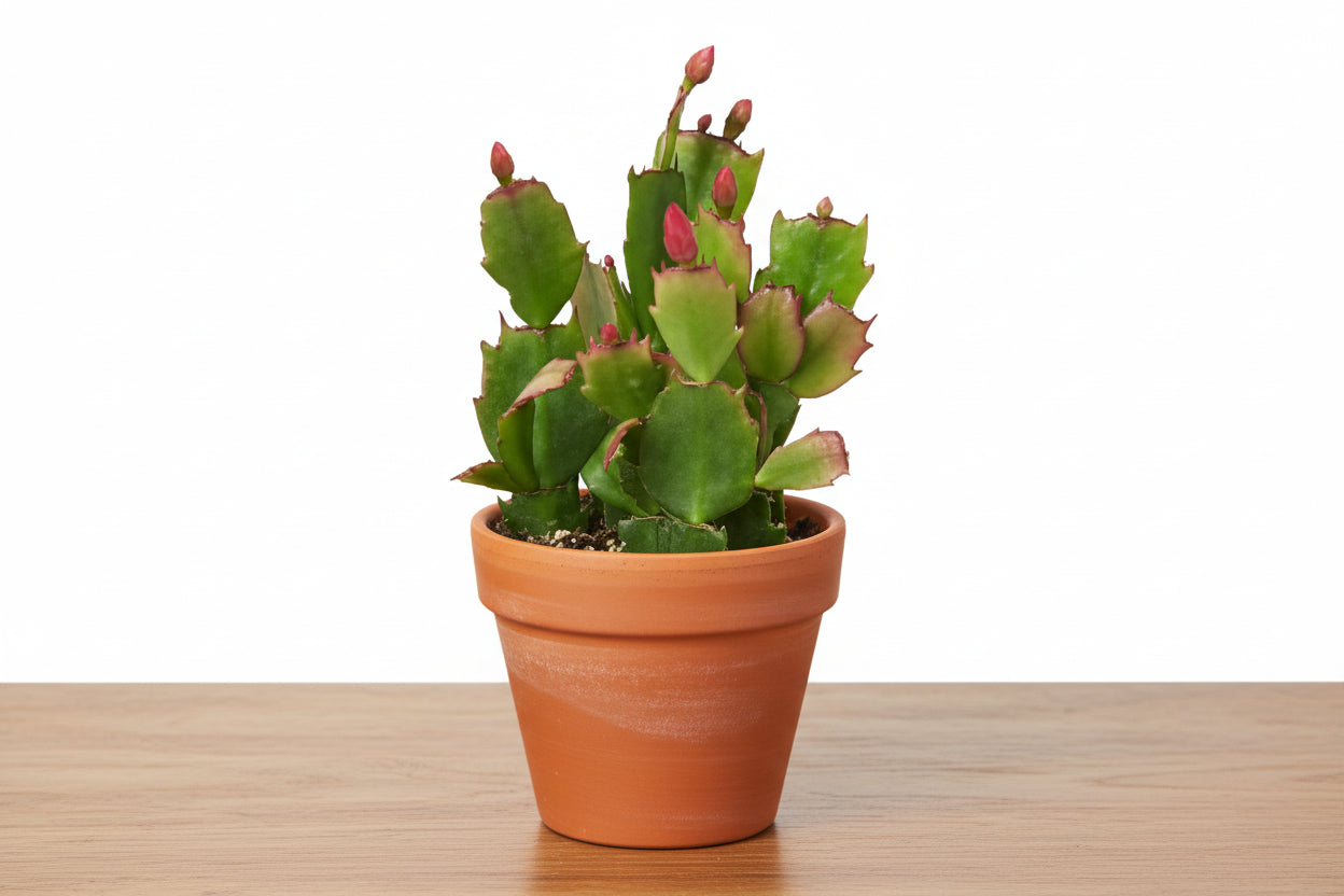 Zygocactus Christmas Cactus in a terracotta pot with green segmented stems and pink flower buds.